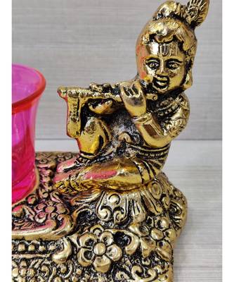 Golden Oxidized Antique Look Metallic Flute Krishna with Pink Tealight Holder 3