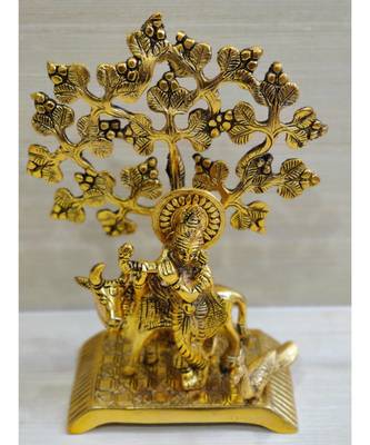 Golden Oxidized Antique Look Metallic Flute Krishna With Cow Standing Under Tree 1