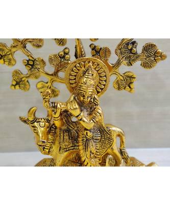 Golden Oxidized Antique Look Metallic Flute Krishna With Cow Standing Under Tree 2