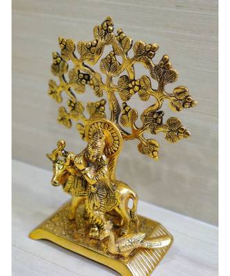 Golden Oxidized Antique Look Metallic Flute Krishna With Cow Standing Under Tree 3