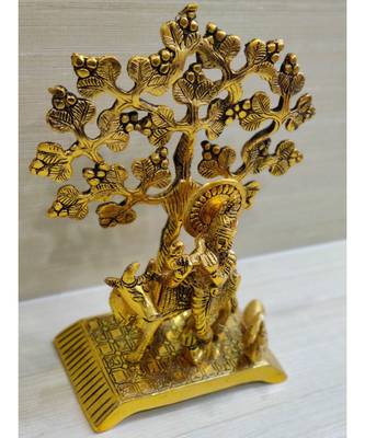 Golden Oxidized Antique Look Metallic Flute Krishna With Cow Standing Under Tree 4