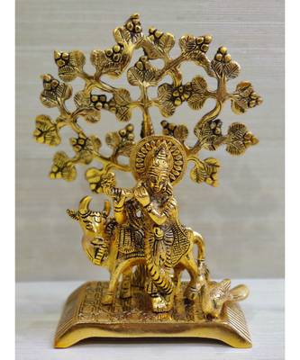Golden Oxidized Antique Look Metallic Flute Krishna With Cow Standing Under Tree 5
