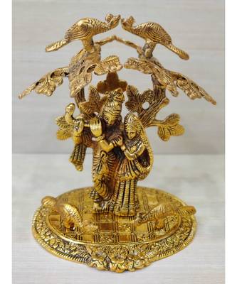 Golden Oxidized Antique Look Metallic Radha Krishna Idol Standing Under Tree 1