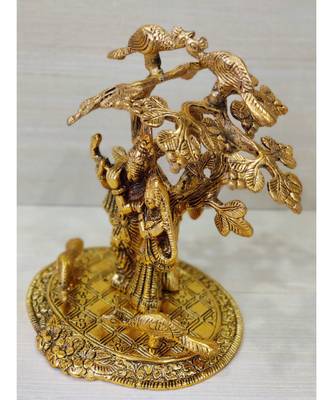 Golden Oxidized Antique Look Metallic Radha Krishna Idol Standing Under Tree 3