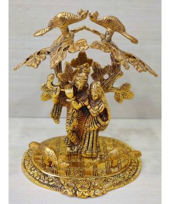 Golden Oxidized Antique Look Metallic Radha Krishna Idol Standing Under Tree 4