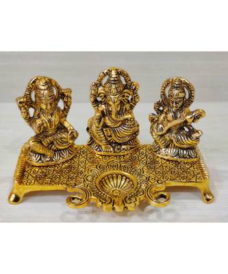 Golden Oxidized Antique Look Metallic Laxmi Ganesh Saraswati Idol With Diya 1