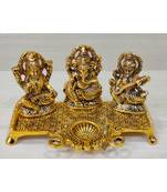 Golden Oxidized Antique Look Metallic Laxmi Ganesh Saraswati Idol With Diya