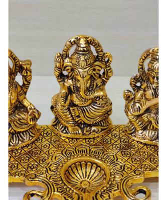 Golden Oxidized Antique Look Metallic Laxmi Ganesh Saraswati Idol With Diya 2