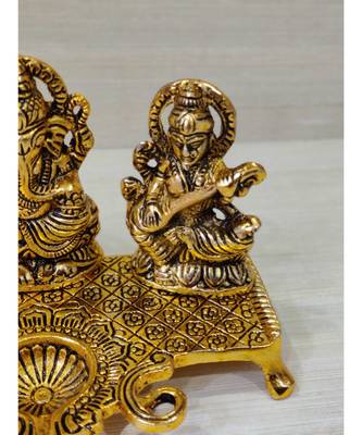 Golden Oxidized Antique Look Metallic Laxmi Ganesh Saraswati Idol With Diya 3