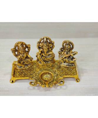 Golden Oxidized Antique Look Metallic Laxmi Ganesh Saraswati Idol With Diya 5