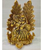 Golden Oxidized Antique Look Metallic Lord Radha Krishna Idol With Diya And Peacock In Background