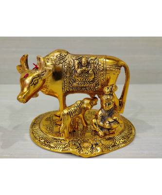 Golden Oxidized Antique Look Metallic Cow Calf Statue With Makhan Chor 1