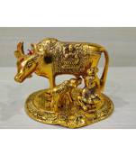 Golden Oxidized Antique Look Metallic Cow Calf Statue With Makhan Chor