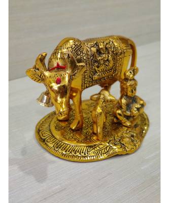 Golden Oxidized Antique Look Metallic Cow Calf Statue With Makhan Chor 3
