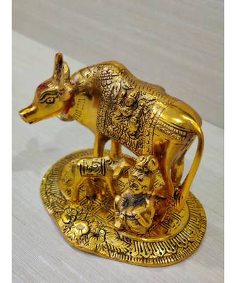 Golden Oxidized Antique Look Metallic Cow Calf Statue With Makhan Chor 4