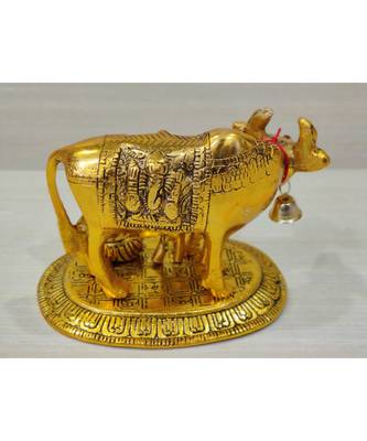 Golden Oxidized Antique Look Metallic Cow Calf Statue With Makhan Chor 5