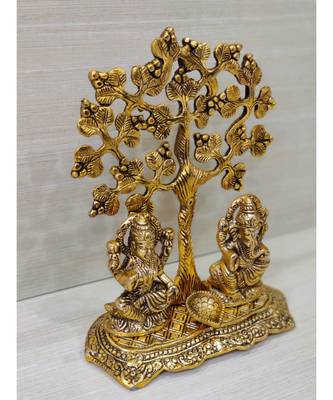 Handcrafted Golden Oxidized Antique Look Metallic Lord Ganesh Lakshmi idol With Diya Sitting Under A Tree 1
