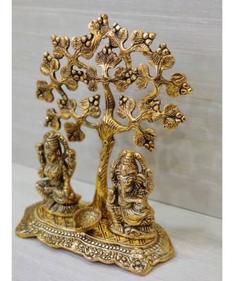 Handcrafted Golden Oxidized Antique Look Metallic Lord Ganesh Lakshmi idol With Diya Sitting Under A Tree 2
