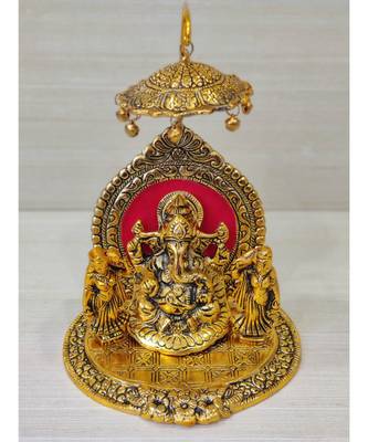 Handcrafted Golden Oxidized Antique Look Metallic Ganesha Idol Sitting In A Shinghasan With Chattar On Top 1