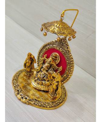 Handcrafted Golden Oxidized Antique Look Metallic Ganesha Idol Sitting In A Shinghasan With Chattar On Top 2