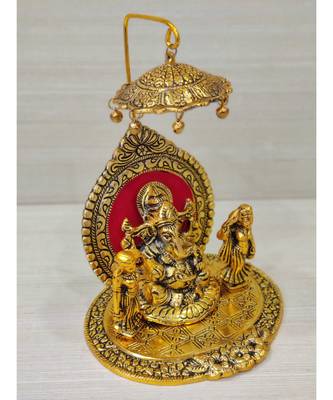 Handcrafted Golden Oxidized Antique Look Metallic Ganesha Idol Sitting In A Shinghasan With Chattar On Top 3