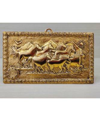 Handcrafted Golden Oxidized Antique Look Metallic Seven Running Horse Painting Like Wall Hanging Showpiece 1