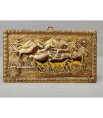 Handcrafted Golden Oxidized Antique Look Metallic Seven Running Horse Painting Like Wall Hanging Showpiece