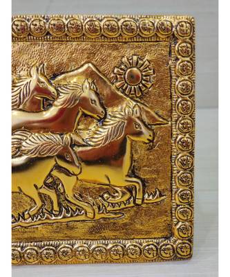 Handcrafted Golden Oxidized Antique Look Metallic Seven Running Horse Painting Like Wall Hanging Showpiece 2