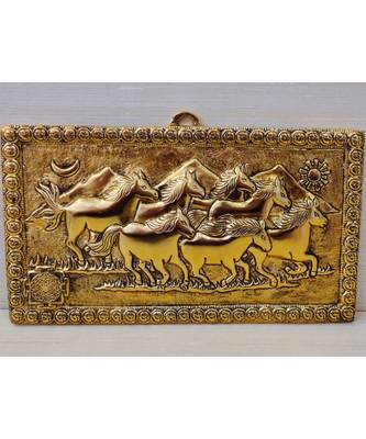 Handcrafted Golden Oxidized Antique Look Metallic Seven Running Horse Painting Like Wall Hanging Showpiece 4