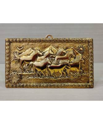 Handcrafted Golden Oxidized Antique Look Metallic Seven Running Horse Painting Like Wall Hanging Showpiece 5