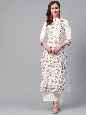 Women's white Khadi Print Straight Cotton Kurta With Palazzo 1