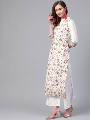 Women's white Khadi Print Straight Cotton Kurta With Palazzo 3