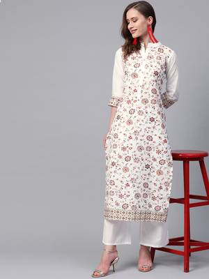 Women's white Khadi Print Straight Cotton Kurta With Palazzo 4