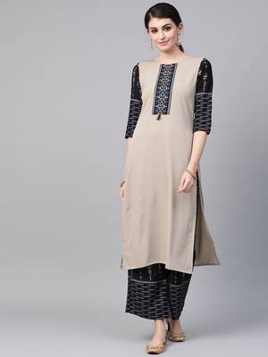 Women's grey Solid Straight Crepe Kurta With Palazzo 1