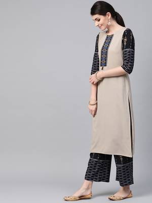 Women's grey Solid Straight Crepe Kurta With Palazzo 3