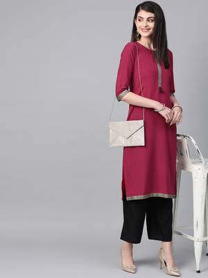 Women's pink Solid Straight Crepe Kurta 3