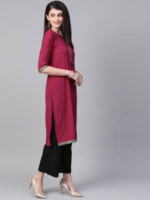 Women's pink Solid Straight Crepe Kurta 4