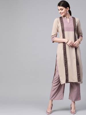 Women's beige foil Print Straight Crepe Kurta 1