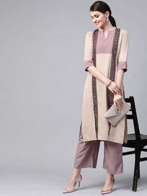 Women's beige foil Print Straight Crepe Kurta 3