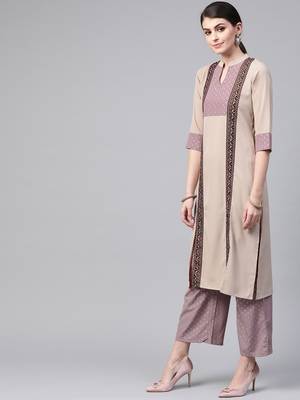 Women's beige foil Print Straight Crepe Kurta 4