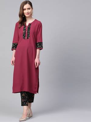 Women's pink Solid Straight Crepe Kurta With Pant 1