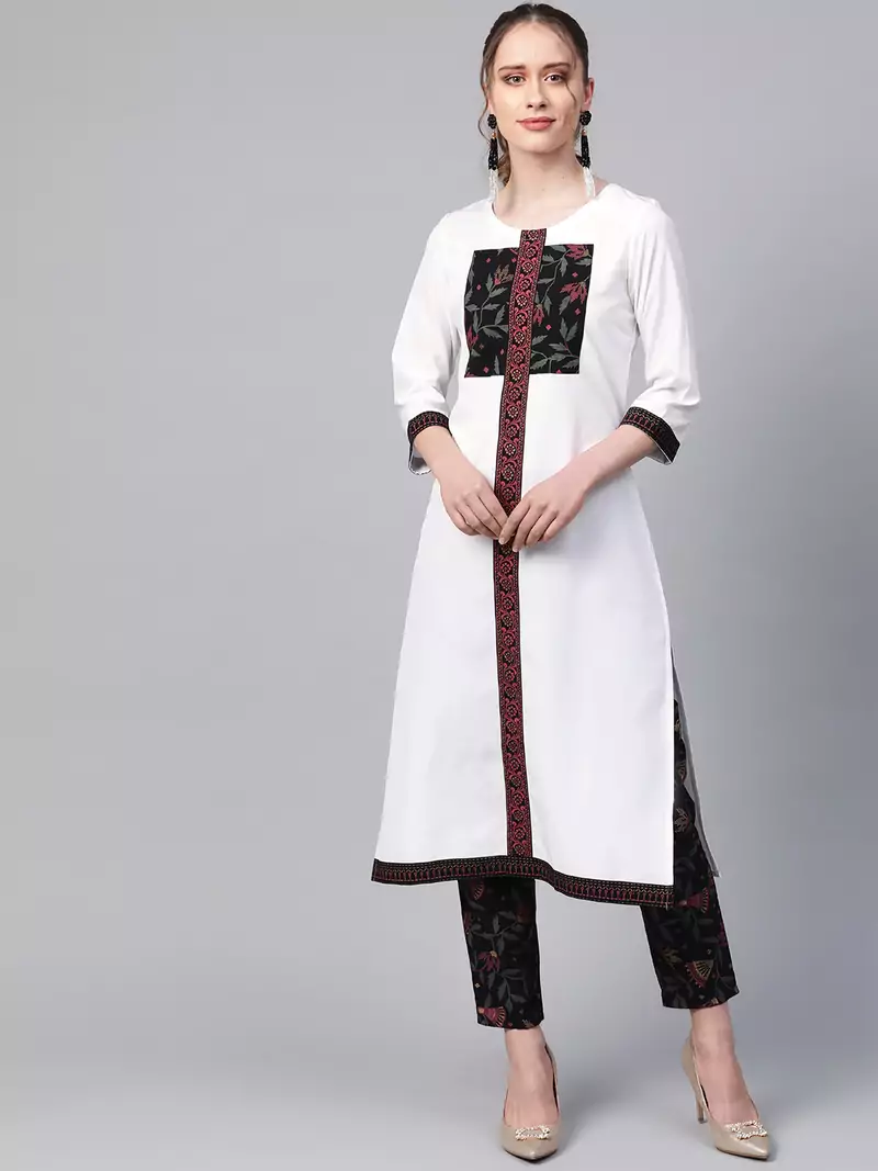Women's white Solid Straight Crepe Kurta With Pant