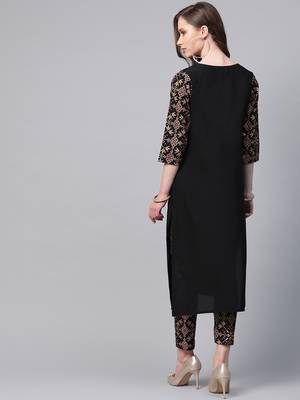 Women's black Solid Straight Crepe Kurta With Pant 2