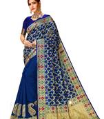 Navy blue printed cotton saree with blouse