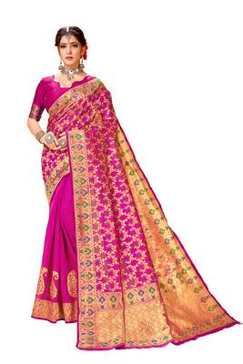 Pink printed cotton saree with blouse 1
