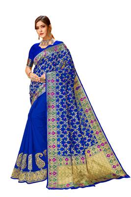 Blue printed cotton saree with blouse 1