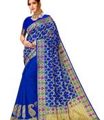 Blue printed cotton saree with blouse
