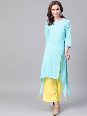 Women's blue Solid Straight Crepe Kurta With Palazzo 1