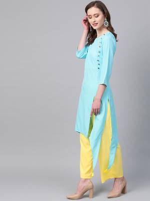 Women's blue Solid Straight Crepe Kurta With Palazzo 4