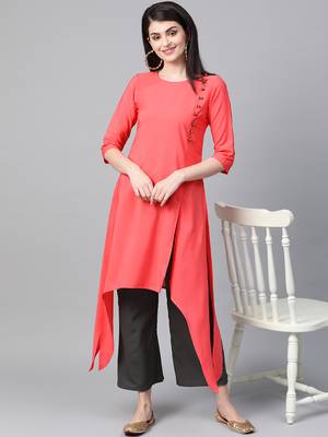 Women's red Solid Straight Crepe Kurta With Palazzo 3